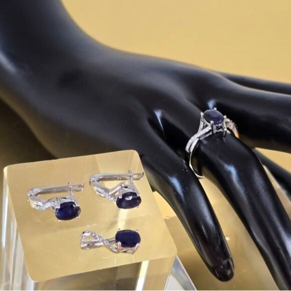 Natural Sapphire set "Afina" 925 Sterling Silver Earrings Pendant Ring 6.75/7.75 - Picture 7 of 10